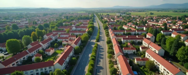 Vue dynamique et colorée des quartiers résidentiels variés de Brive-la-Gaillarde avec des maisons, appartements, espaces verts et axes de transport