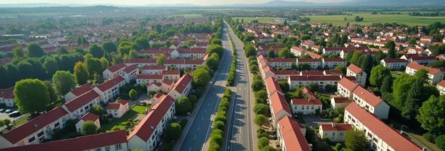 Vue dynamique et colorée des quartiers résidentiels variés de Brive-la-Gaillarde avec des maisons, appartements, espaces verts et axes de transport