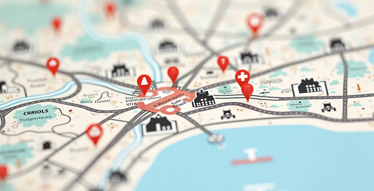 Carte stylisée des quartiers principaux de Brive-la-Gaillarde avec indications des services de proximité et transports