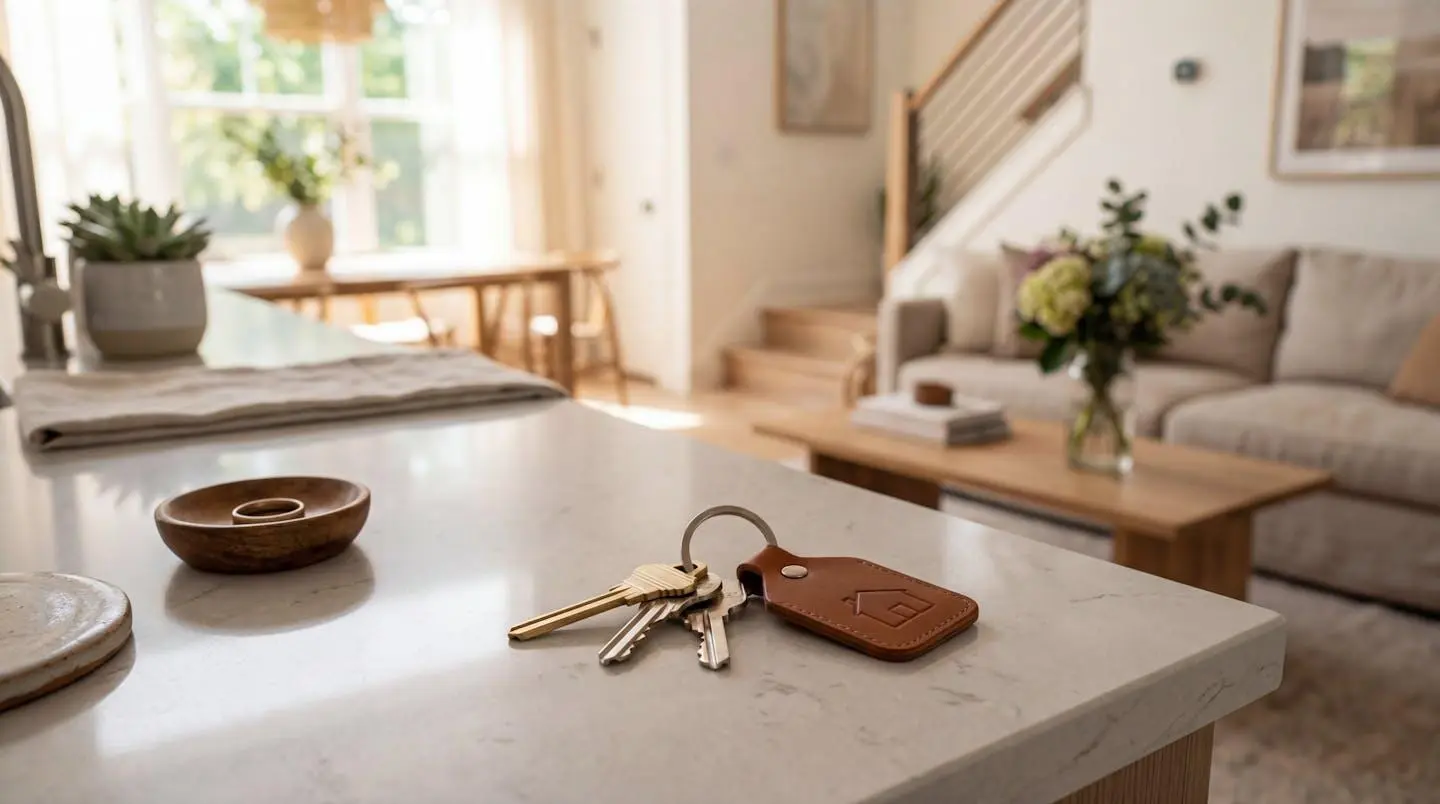 Clés de maison posées sur un comptoir de cuisine moderne avec un arrière-plan flouté montrant un espace de vie lumineux