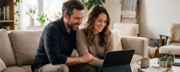 Un couple trentenaire assis sur un canapé dans un salon lumineux regarde ensemble une tablette posée sur la table basse