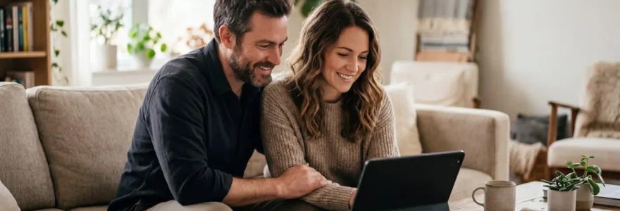 Un couple trentenaire assis sur un canapé dans un salon lumineux regarde ensemble une tablette posée sur la table basse