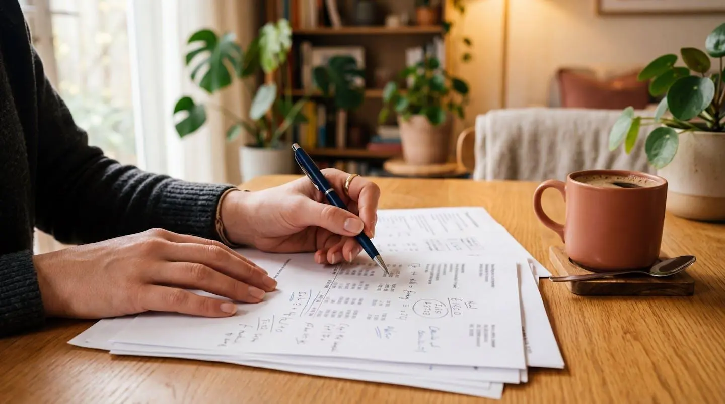Mains féminines tenant un stylo au-dessus de documents financiers sur une table en bois avec une tasse de café à côté