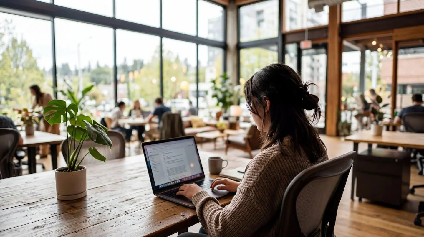 Personne de dos travaillant sur un ordinateur portable dans un espace coworking moderne avec grandes fenêtres en arrière-plan