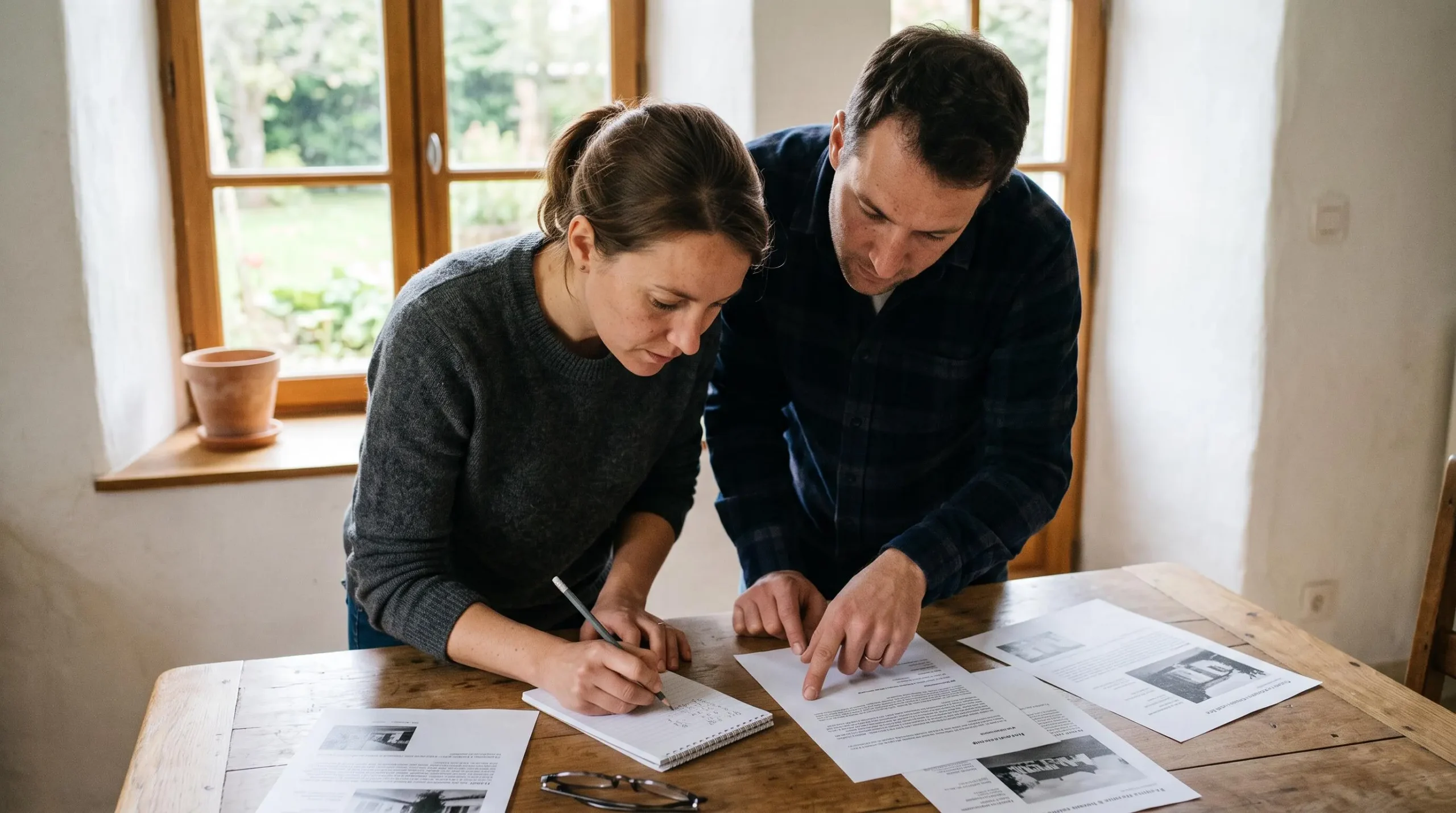 Un couple debout compare des annonces immobilières et calcule sur un carnet posé sur une table de cuisine.