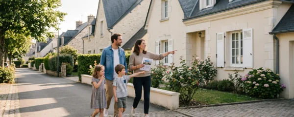 Une famille avec deux enfants marche dans une rue résidentielle pavillonnaire et regarde une maison à vendre.