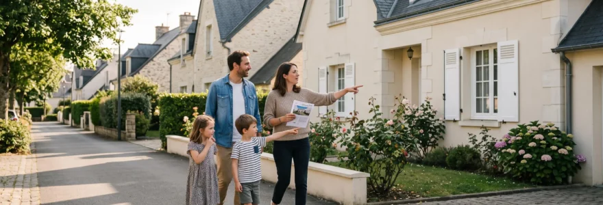 Une famille avec deux enfants marche dans une rue résidentielle pavillonnaire et regarde une maison à vendre.