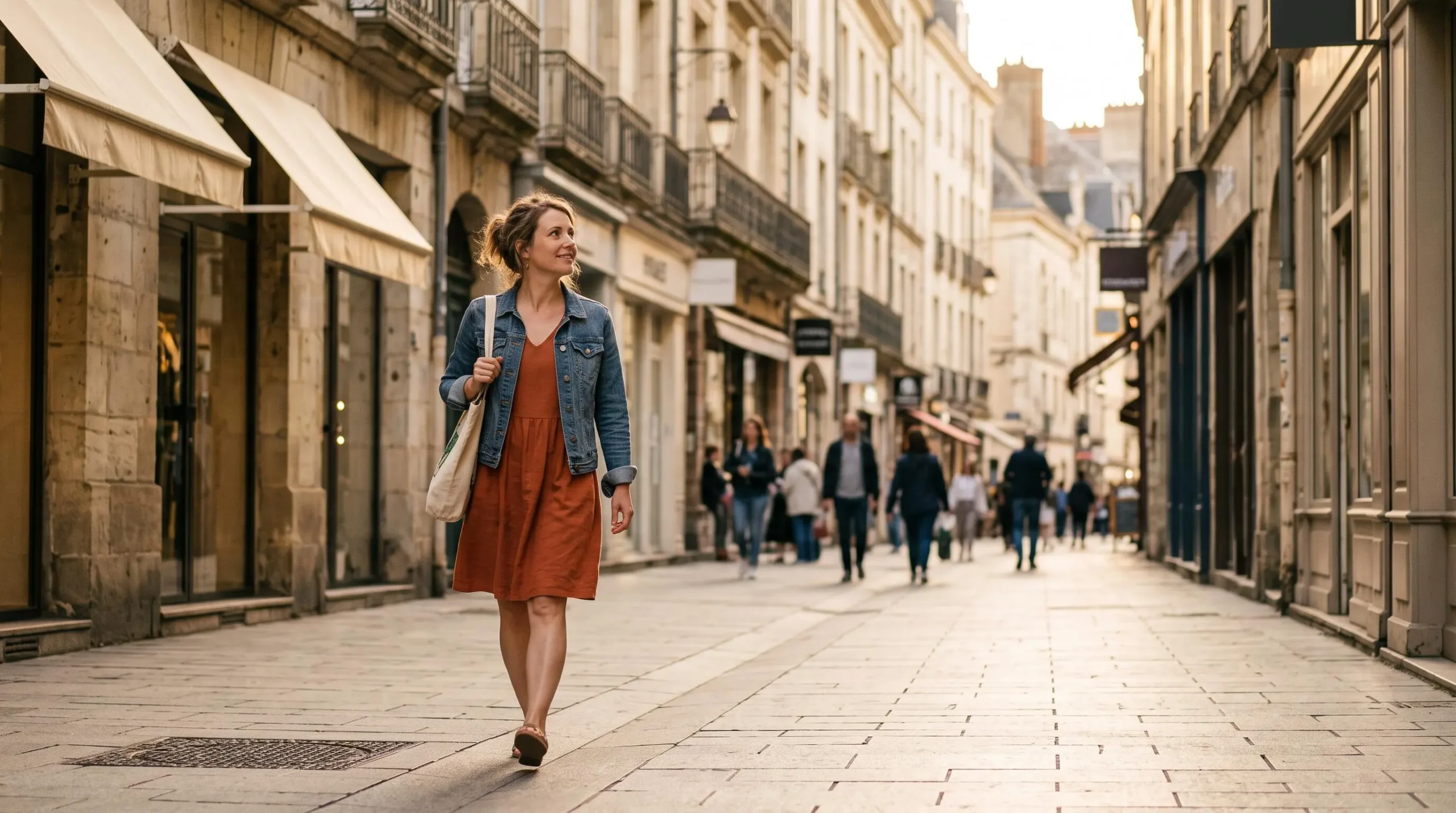 Une femme marche seule dans une rue commerçante animée du centre de Nantes en fin de journée.